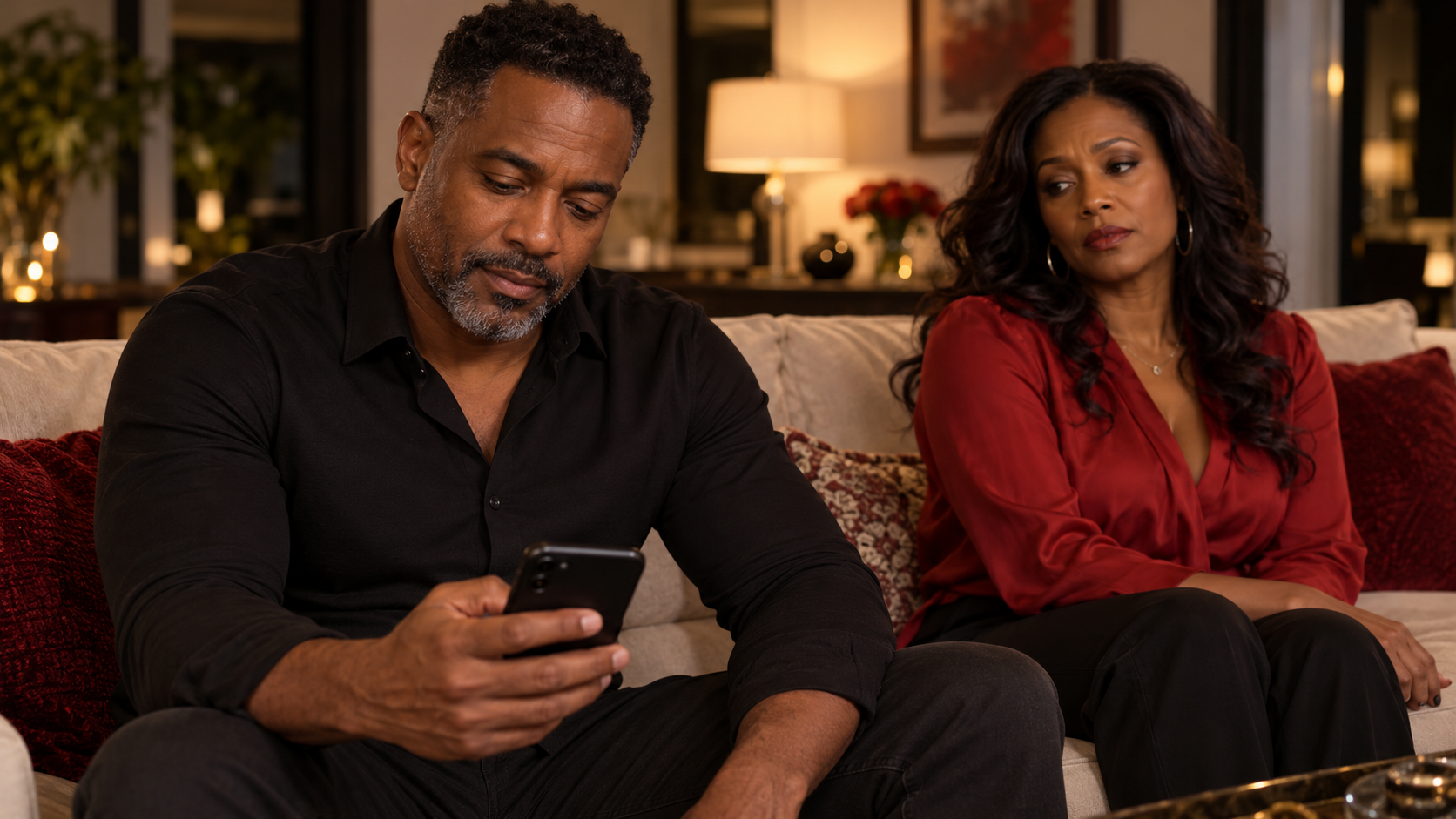 Man looking at his phone while his partner watches him from beside him on the sofa.