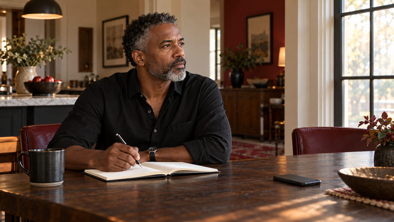 Man reflecting with an open journal at a table, his phone set aside face down.
